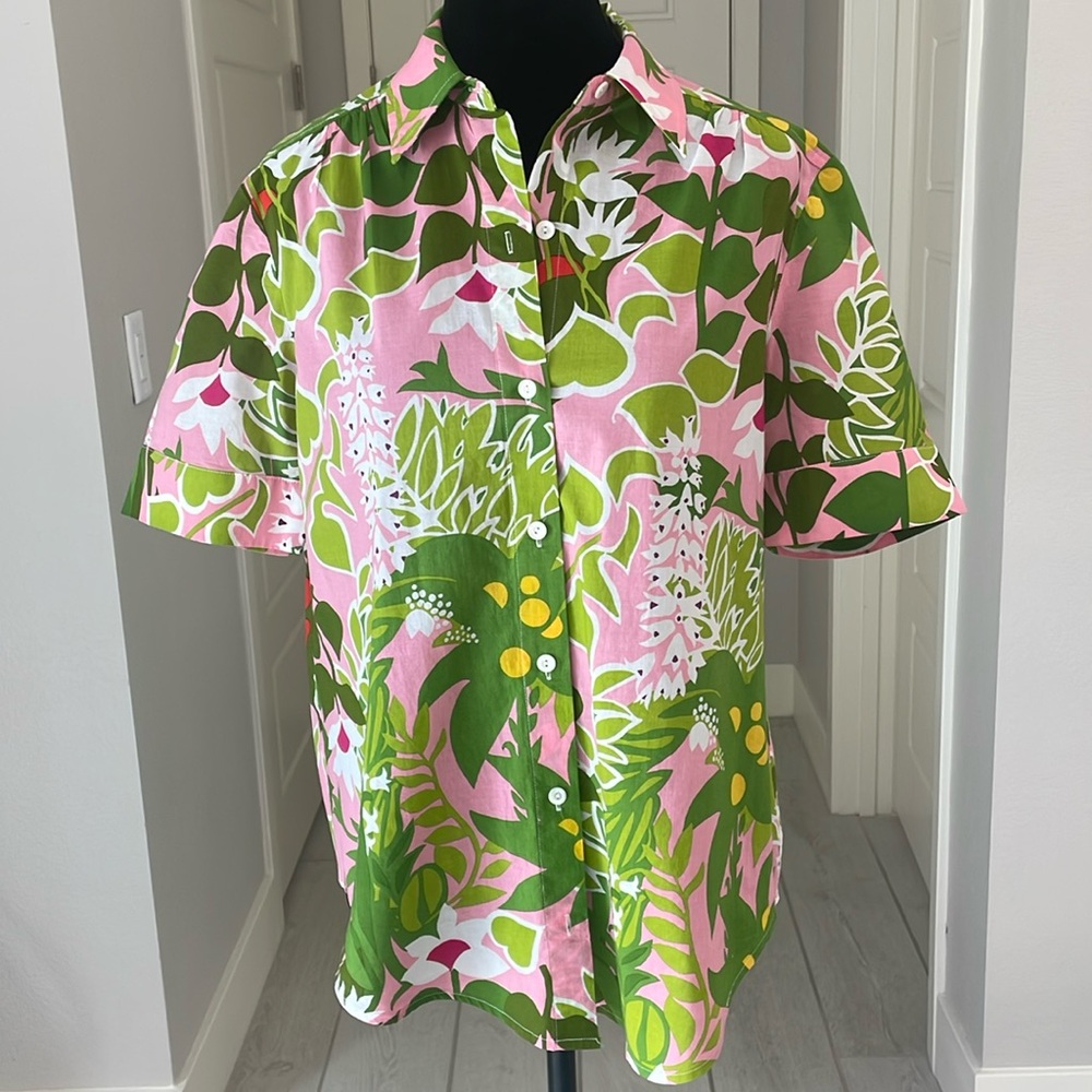 Trina Turk Button-Up 💯 Organic Cotton Short Sleeve Tropical Shirt Size S